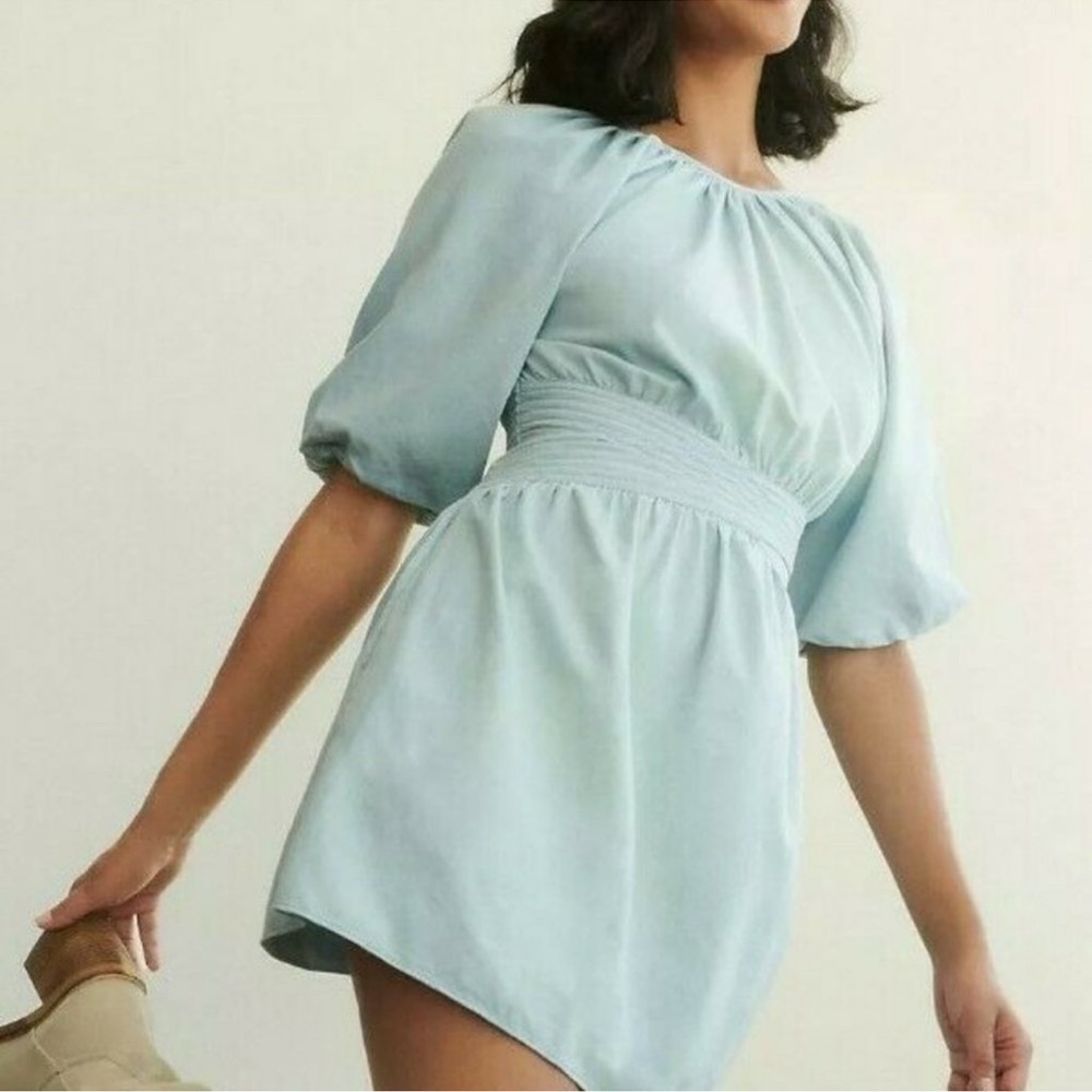 Anthropologie Love the Label Powder Blue Puff Sleeve Open Back Mini Dress